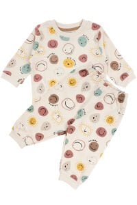 Unisex Bej Renkli Emoji Baskılı Pijama Takımı