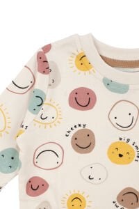 Unisex Bej Renkli Emoji Baskılı Pijama Takımı
