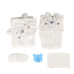 Unisex Ekru Sevimli Ayı 5'li Bornoz Seti