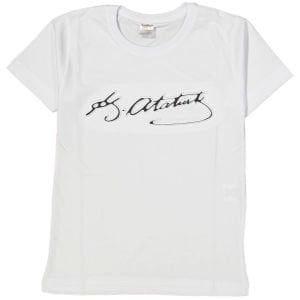 Unisex Beyaz Siyah K. Atatürk Kabartmalı İmzalı Kısa Kol Tişört