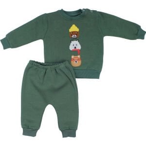 Erkek Bebek Yeşil Bereli Hayvanlı Üç İp İkili Takım