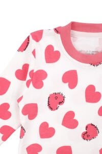 Kız Bebek Ekru Fuşya Kalp Desenli Pijama Takımı
