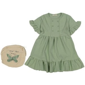 Kız Çocuk Yeşil Düğmeli Fırfırlı Kelebek Baskılı Çantalı Elbise
