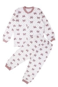 Kız Çocuk Ekru Gül Kurusu Fiyonk Baskılı Çıtçıtlı Pijama