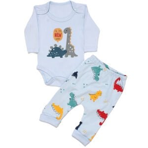 Erkek Bebek Mavi Renkli Dino Baskılı 2'li Takım