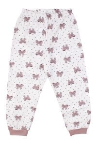 Kız Çocuk Ekru Gül Kurusu Fiyonk Baskılı Çıtçıtlı Pijama