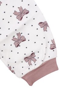 Kız Çocuk Ekru Gül Kurusu Fiyonk Baskılı Çıtçıtlı Pijama