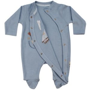 Erkek Bebek Mavi Gitarlı Ayıcık Desenli Çıtçıtlı Patikli Tulum