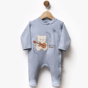 Erkek Bebek Mavi Gitarlı Ayıcık Desenli Çıtçıtlı Patikli Tulum