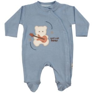 Erkek Bebek Mavi Gitarlı Ayıcık Desenli Çıtçıtlı Patikli Tulum