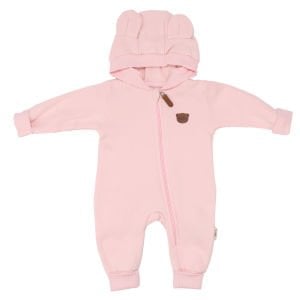 Kız Bebek Pudra Baby Ayıcık Armalı Kapüşonlu 3 İplik Fermuarlı Tulum