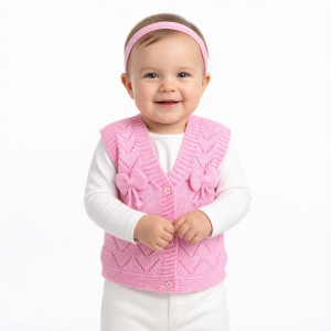 Lüx Pembe Kurdeleli Kız Bebek Triko Yelek