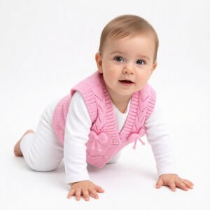 Lüx Pembe Kurdeleli Kız Bebek Triko Yelek