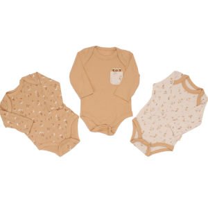 Unisex Kahve Bej Yaprak Desenli 3'lü Zıbın Set
