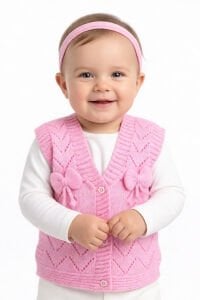 Lüx Pembe Kurdeleli Kız Bebek Triko Yelek