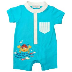 Erkek Bebek Mavi Yengeç Nakışlı Cepli Alttan Çıt Çıtlı Tulum