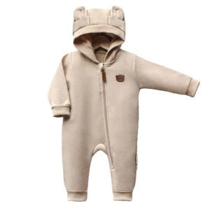 Kız Bebek Bej Baby Ayıcık Armalı Kapüşonlu 3 İplik Fermuarlı Tulum