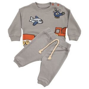 Erkek Bebek Bej Uçak Kamyon Baskılı 2'li Takım