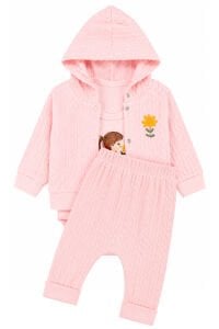 Kız Bebek Pembe Çiçekli Kız Nakışlı Hırkalı 3'lü Takım
