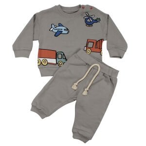 Erkek Bebek Bej Uçak Kamyon Baskılı 2'li Takım