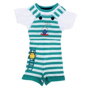 Erkek Bebek Yeşil Beyaz Çizgili Tişörtlü Tulum