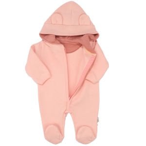 Kız Bebek Pembe Kulaklı Kapüşonlu Fermuarlı 3 İplik Tulum