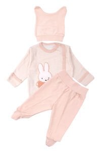 Kız Bebek Somon Çizgili Tavşan Nakışlı Pijama Takımı 0-3 Ay