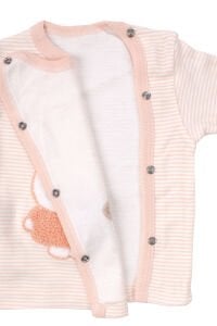 Kız Bebek Somon Çizgili Tavşan Nakışlı Pijama Takımı 0-3 Ay