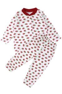 Kız Çocuk Ekru Kırmızı Çilek Baskılı Çıtçıtlı Pijama Takımı