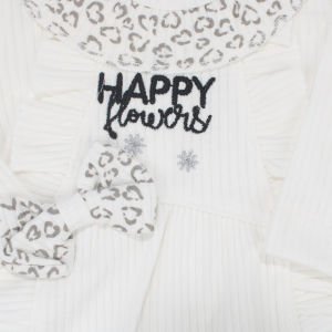 Kız Bebek Ekru Kalp Desenli Happy Yazılı Fiyonklu Bandanalı Tulum