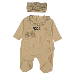 Kız Bebek Kahve Kalp Desenli Happy Yazılı Fiyonklu Bandanalı Tulum