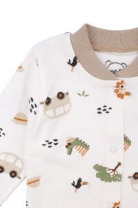 Erkek Bebek Ekru Otobüslü Hayvanlı Çıtçıtlı Pijama Takımı