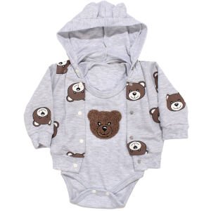 Unisex Gri Ayıcık Baskılı Hırkalı 3'lü Takım