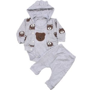 Unisex Gri Ayıcık Baskılı Hırkalı 3'lü Takım