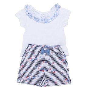 Kız Bebek Beyaz Laci Çiçek Desenli Yakası Fırfırlı Şortlu 2'li Takım