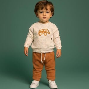 Erkek Bebek Ekru Kahve Filli Desenli 2'li Takım