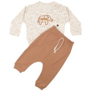 Erkek Bebek Ekru Kahve Filli Desenli 2'li Takım