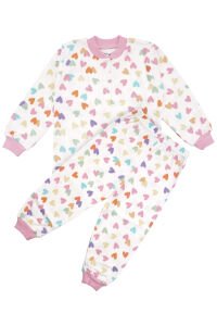 Kız Çocuk Ekru Pembe Renkli Kalpli Desenli Çıtçıtlı Pijama Takımı