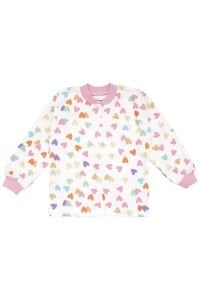Kız Çocuk Ekru Pembe Renkli Kalpli Desenli Çıtçıtlı Pijama Takımı