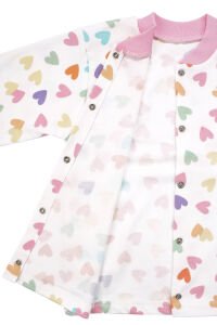 Kız Çocuk Ekru Pembe Renkli Kalpli Desenli Çıtçıtlı Pijama Takımı