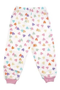 Kız Çocuk Ekru Pembe Renkli Kalpli Desenli Çıtçıtlı Pijama Takımı