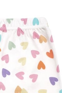 Kız Çocuk Ekru Pembe Renkli Kalpli Desenli Çıtçıtlı Pijama Takımı