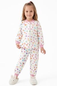 Kız Çocuk Ekru Pembe Renkli Kalpli Desenli Çıtçıtlı Pijama Takımı