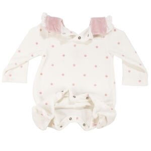 Kız Bebek Ekru Pembe Puanlı Kelebekli Patikli Kadife Tulum