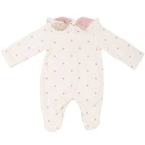 Kız Bebek Ekru Pembe Puanlı Kelebekli Patikli Kadife Tulum