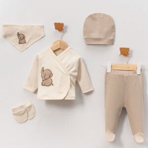 Erkek Bebek Bej Kahve Fil Nakışlı Beş Parça Hastane Çıkış Seti