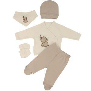 Erkek Bebek Bej Kahve Fil Nakışlı Beş Parça Hastane Çıkış Seti