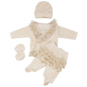 Kız Bebek Ekru Dantelli Kadife Beş Parça Hastane Çıkış Seti