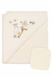 Unisex Ekru Ördek Nakışlı %100 Pamuk Lifli Havlu Set