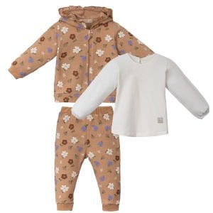 Kız Bebek Kahve Çiçek Desenli Fırfırlı Kapüşonlu 3'lü Set